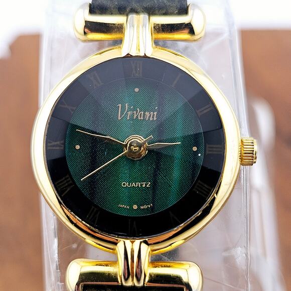 Vivani Women's Gold Tone Bracelet Watch Green Dial Black Braided Band Artsy Bold - Picture 2 of 7